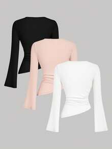 SHEIN MOD 3 قطع/مجموعة تي شيرت بياقة طاقم وأكمام ناسفة وخصر مجمع وهيم غير متماثل بلون المشمش متعدد الاستخدامات - وردي فاتح - مشاهدة 2