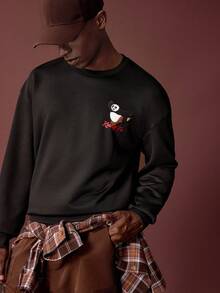 SHEIN Kung Fu Panda Men's Casual Panda Print Crew Neck Sweatshirt, Autumn - Black - View 5