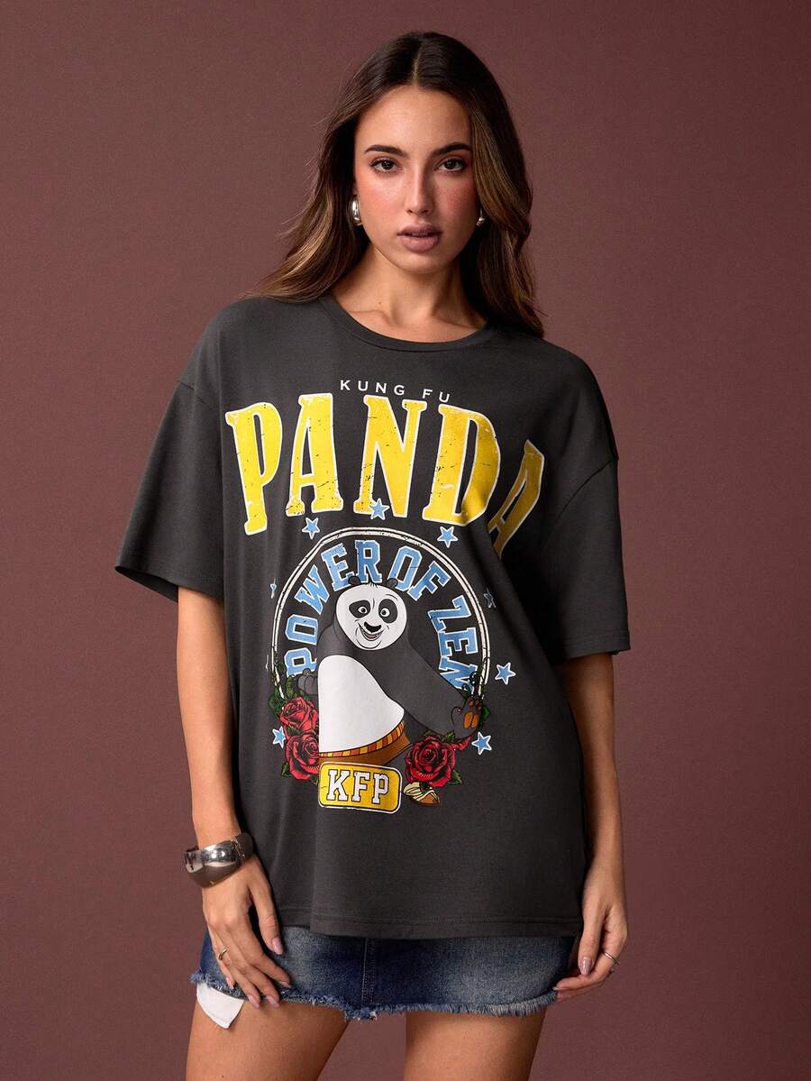 SHEIN Kung Fu Panda 女士休闲日常通勤时尚街头卡通字母印花宽松T恤,夏季 - 灰色 - 查看 1