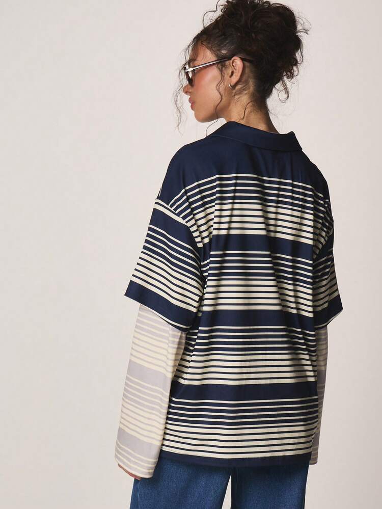 MISSGUIDED Top décontracté à col polo rayé horizontal à double couche oversize pour l'automne et l'hiver