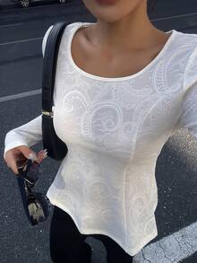 DAZY 女士纹理面料圆领露背系带套头衫优雅长袖T恤 - 白色 - 查看 6