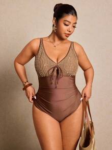 Elaquor 大码女士度假拼接亮片系带性感连体泳衣 - 棕色 - 查看 5
