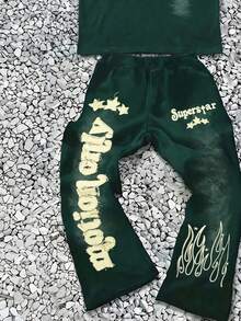 Bộ đồ thể thao tối giản phong cách Y2K Hip Hop dành cho bé trai tuổi teen, gồm áo thun ngắn tay cổ tròn dáng rộng in chữ tiếng Anh và quần ống loe. - Nhiều màu - Xem 4