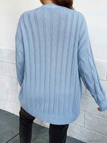 Plus Size Women Casual Cable Drop Shoulder Long Sleeve Knit Cardigan, Autumn/Winter - Baby Blue - View 2
