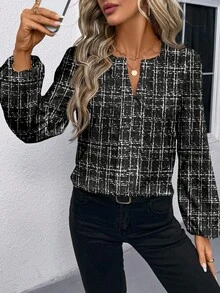 EMERY ROSE Camisa de mujer casual y elegante con estampado de tweed y cuadros, adecuada para otoño/invierno, combinable, para exteriores, citas, fiestas, trabajo y uso diario, con estilo - Multicolor - Ver 4