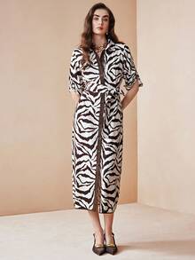 Arave 女士复古条纹翻领衬衫裙，收腰设计，优雅派对礼服 - 黑與白 - 查看 8