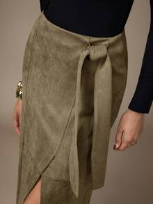 NOVVYNE Women's Solid Color Minimalist Casual Tie Waist Skirt Wrap Around Skirt Khaki Skirt Women High Slit Skirt Asymmetrical Skirt Split Thigh Skirt - Khaki - View 4