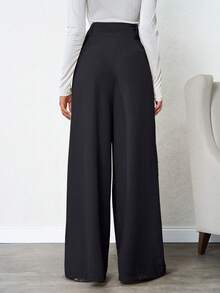 SHEIN 100% bomull, svarta, djupt veckade linnebyxor för kvinnor, casual - Svart - Visa 2