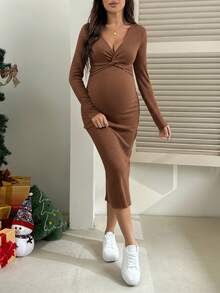 SHEIN Đầm bầu dài tay ôm sát, xẻ tà, cổ chữ V, màu trơn, thắt nút xoắn. - màu nâu - Xem 4