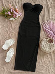 Soleia 女士夏季度假纯色前扭结抹胸连衣裙 - 黑色 - 查看 3