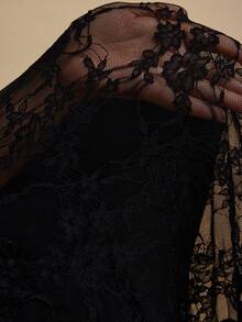 SHEIN BAE Black Lace Plunging Neck Bodycon Dress, Black Lace Dress - Black - View 8