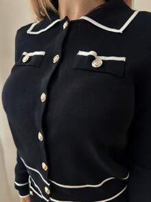 Manon Tanti 2 件套女士撞色纽扣前口袋长袖上衣和裤子套装秋冬两件套 - 黑與白 - 查看 3