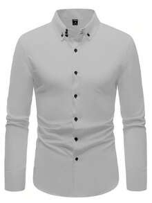 Manfinity Mode 男士休闲纯色纽扣长袖衬衫，秋季男士修身衬衫，灰色男士衬衫，浅灰色衬衫，商务休闲衬衫，灰色男士衬衫，商务休闲男士衬衫 - 淺灰色 - 查看 6