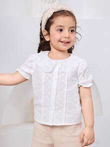 女婴优雅翻领泡泡袖舒适柔软上衣 - 白色 - 查看 4