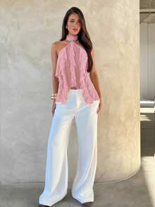 Aloruh 女士优雅多层荷叶边立领修身背心 - 粉色 - 查看 4