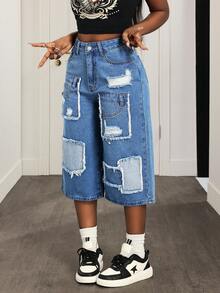 Slaydiva 女士休闲水洗做旧阔腿牛仔裤