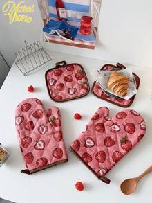 Strawberry Pattern Kitchen Thickened Cooking Microwave Gloves And Insulation Mat For Daily Home Use Kitchen Restaurant Oven Gloves Insulation Mat Set 2PCS 4PCS - Strawberry - View 7