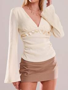 Avantive Camicetta color albicocca con scollo a V, vita stretta, maniche lunghe, adatta per vacanze e uso quotidiano in autunno e inverno, per Natale, Capodanno, uscite, laurea, ballo di fine anno, elegante, formale, di lusso, chic, casual business, compleanni, ufficio, country, concerti, club, sexy, western, streetwear, vintage, festival, cocktail, rave, Hawaii, aeroporto, basic, brunch, stile anni 2000, bodycon, stile old money, chiesa, ritorno a casa, festa, modesta, appuntamento serale - Albicocca - Visualizzare 1
