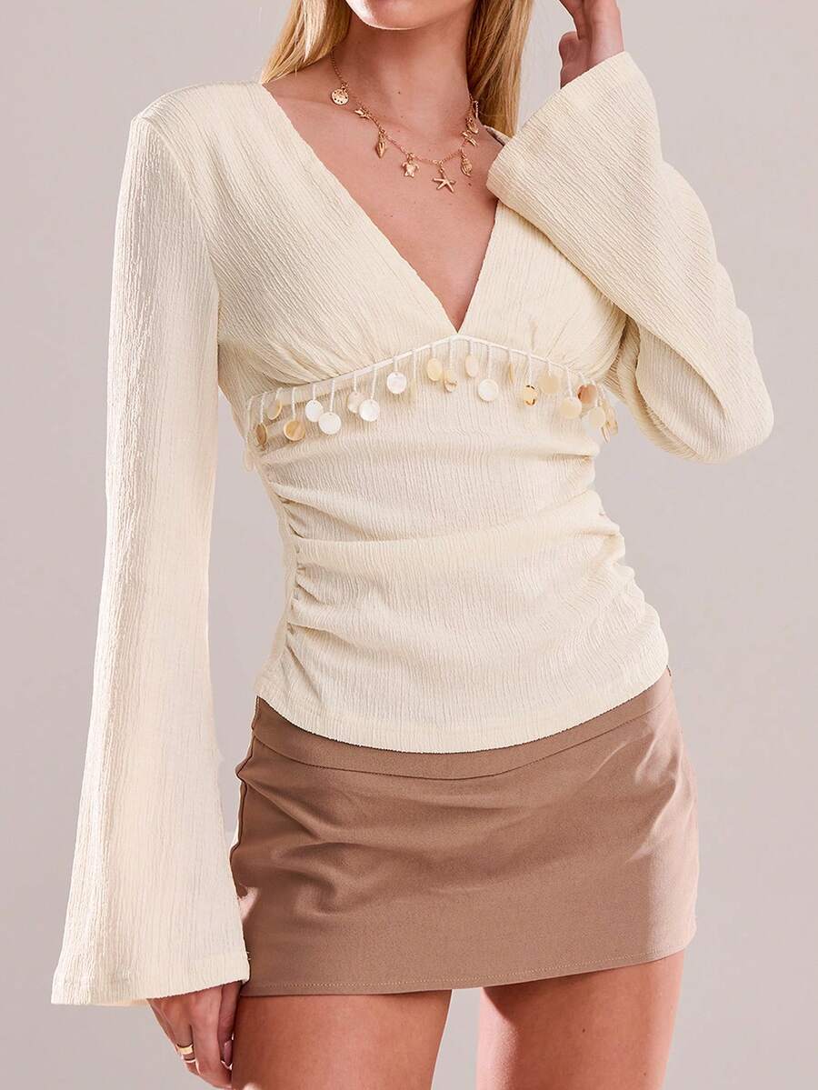 Avantive Camicetta color albicocca con scollo a V, vita stretta, maniche lunghe, adatta per vacanze e uso quotidiano in autunno e inverno, per Natale, Capodanno, uscite, laurea, ballo di fine anno, elegante, formale, di lusso, chic, casual business, compleanni, ufficio, country, concerti, club, sexy, western, streetwear, vintage, festival, cocktail, rave, Hawaii, aeroporto, basic, brunch, stile anni 2000, bodycon, stile old money, chiesa, ritorno a casa, festa, modesta, appuntamento serale - Albicocca - Visualizzare 1