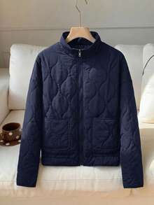 Comfortcana 女士藏蓝色立领菱形格纹口袋长袖羽绒服，冬季服装 - 藏蓝色 - 查看 1