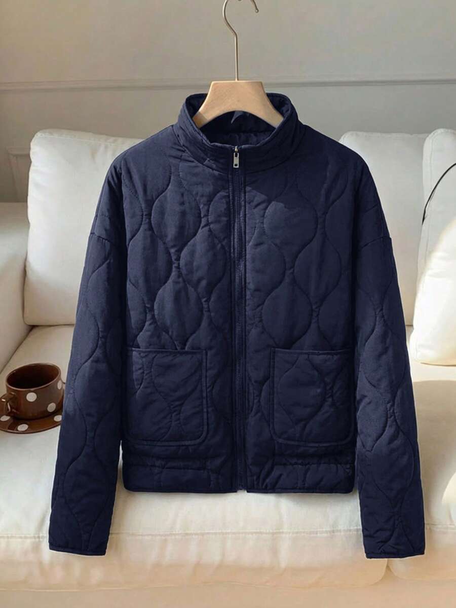 Comfortcana 女士藏蓝色立领菱形格纹口袋长袖羽绒服，冬季服装 - 藏蓝色 - 查看 1