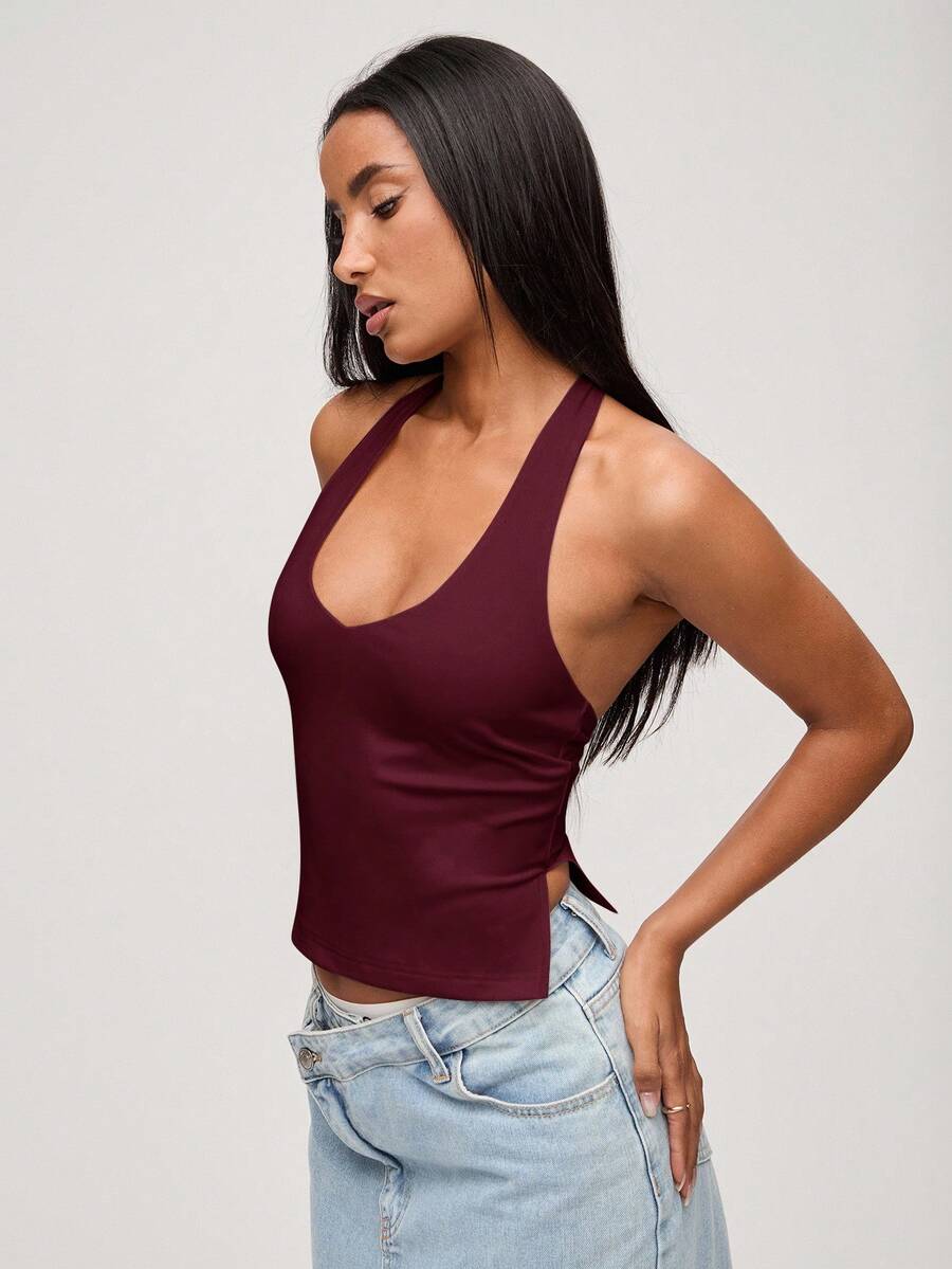 SHEIN BASICS 女士休闲纯色针织露背上衣