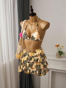 Bellisia 夏季性感蝴蝶兰花豹纹比基尼及蛋糕裙三件套 - 彩色 - 查看 3