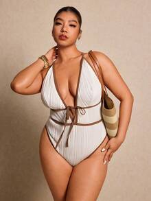 Elaquor Plus Size Women's Plunging V-Neck Halter One-Piece Swimsuit - Apricot - View 4