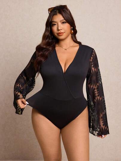 Elaquor Mono de talla grande con mangas acampanadas, parches de malla negra y estilo informal