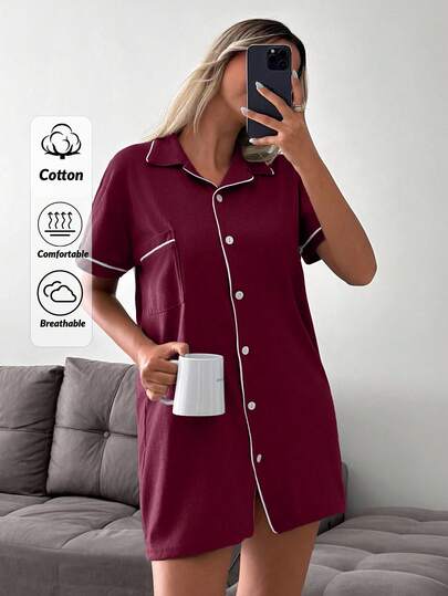 EURMUSE Damska sukienka piżamowa Homewear Lounge z guzikami z przodu i kontrastowymi detalami