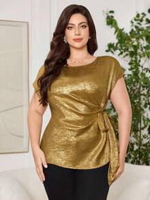 Reflora Damen Große Größen Einfarbige Lässige Kurzarm Bluse mit Bindedetail - Gold - Übersicht 5
