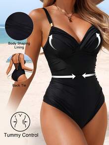 Shapewave Áo tắm liền thân 26SS Mature Elegant, ôm bụng, kiểu quấn quanh dành cho nữ, màu đen, thích hợp cho mùa xuân/hè. - màu đen - Xem 7