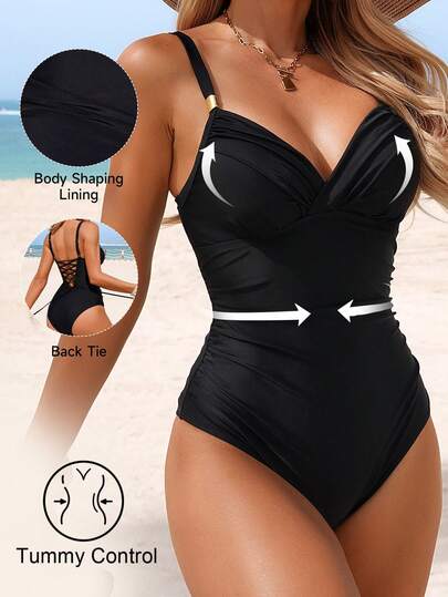 Shapewave 26SS Mogen Elegant Magkontroll Omlott Baddräkt I Helt Delat För Damer, Svart, Vår/Sommar Resort