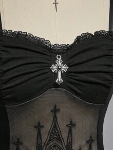 ROMWE Áo liền thân cỡ lớn dành cho nữ, mặt dây chuyền hình thánh giá Gothic, phối ren lãng mạn, họa tiết nhung. - màu đen - Xem 4