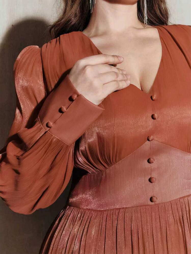 Valentine Vintage French V-Neck Lantern Sleeve Long Dress With Waist Tie And Pleated Loose Elegant Dress