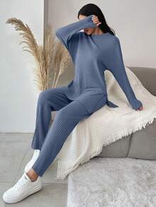 EURMUSE Cotton Women's Solid Color Ribbed Top And Pants Set With Slit, Casual Outfit - Blue - View 3