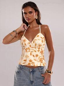 SHEIN BAE Women's Summer Sequin & Floral Embellished Camisole Top,Summer Top - Apricot - View 3