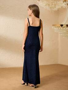 少女优雅奢华时尚露肩无袖高腰长款金属箔黑色连衣裙，闪亮派对礼服，适合少女毕业典礼、舞会、圣诞节、演出、生日等场合。 - 藏蓝色 - 查看 2