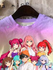 SHEIN 2件套少女休闲时尚彩色K-POP女团字母星星印花圆领短袖T恤和短裤套装，适合度假、派对、日常穿着、演唱会等场合。 - 彩色 - 查看 5