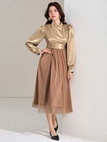 DAZY Women's Color Block Simple Long Sleeve Dress, Casual Everyday Wear Sundress - Camel - View 7