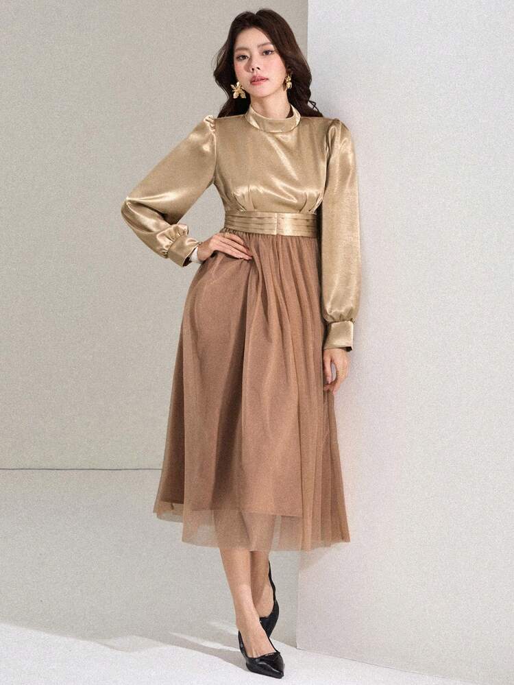 Women's Color Block Simple Long Sleeve Dress, Casual Everyday Wear Sundress