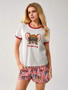 TOM & JERRY X SHEIN 女士可爱卡通印花短袖圆领上衣和格子短裤睡衣套装，夏季 - 淺灰色 - 查看 4
