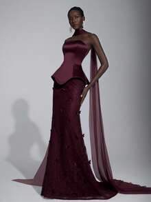 Elitara 优雅奢华的白色蝴蝶提花蕾丝拼布缎面露肩褶皱美人鱼连衣裙，带荷叶边，适合婚礼、新娘礼服、正式场合 - 紫紅色 - 查看 1