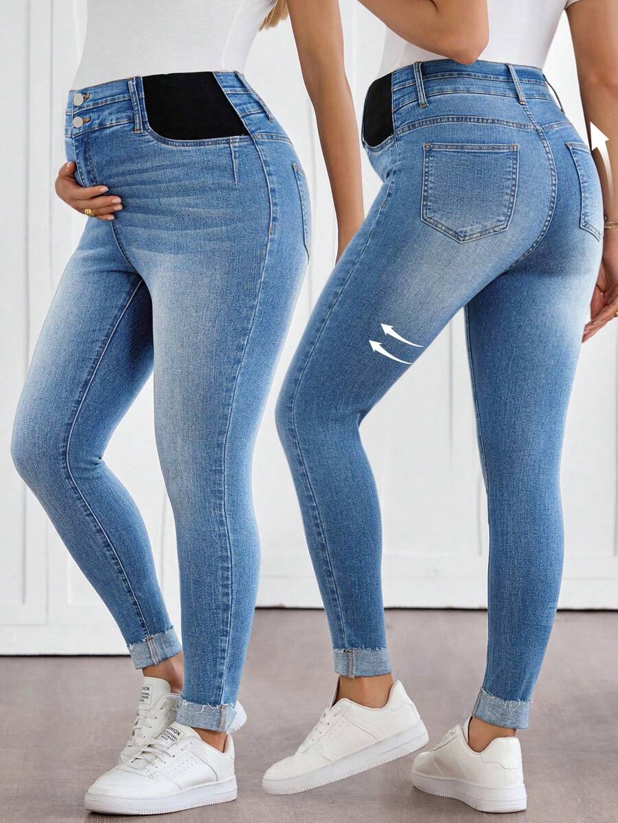 SHEIN Maternity Fashion Casual Washed Slant Pocket Skinny Jeans - Light Wash - View 1