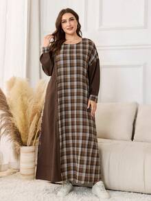 Lacomfia 休闲格子印花拼接纯色圆领长袖宽松常规春秋季加大码连衣裙 - 彩色 - 查看 6