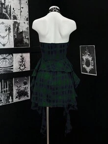 EgrlEra Đầm nữ mùa hè kẻ caro nhún bèo, vạt bất đối xứng, cổ yếm - Nhiều màu - Xem 2