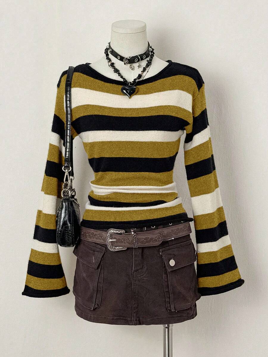 SHEIN Unity 女士条纹圆领喇叭袖褶皱休闲毛衣 - 橄欖綠 - 查看 1