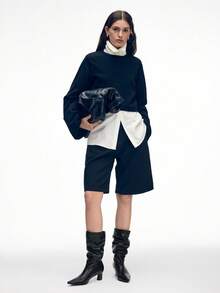 Mnmlis 女士时尚低跟法式优雅叠跟尖头踝靴 - 黑色 - 查看 2