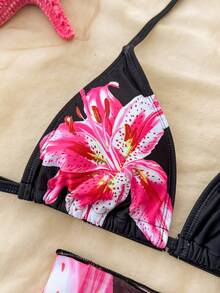 SHEIN Teen Girls' Floral Print Bikini 3 PiecesSwimsuit Set, Casual Beach Vacation - Black - View 8