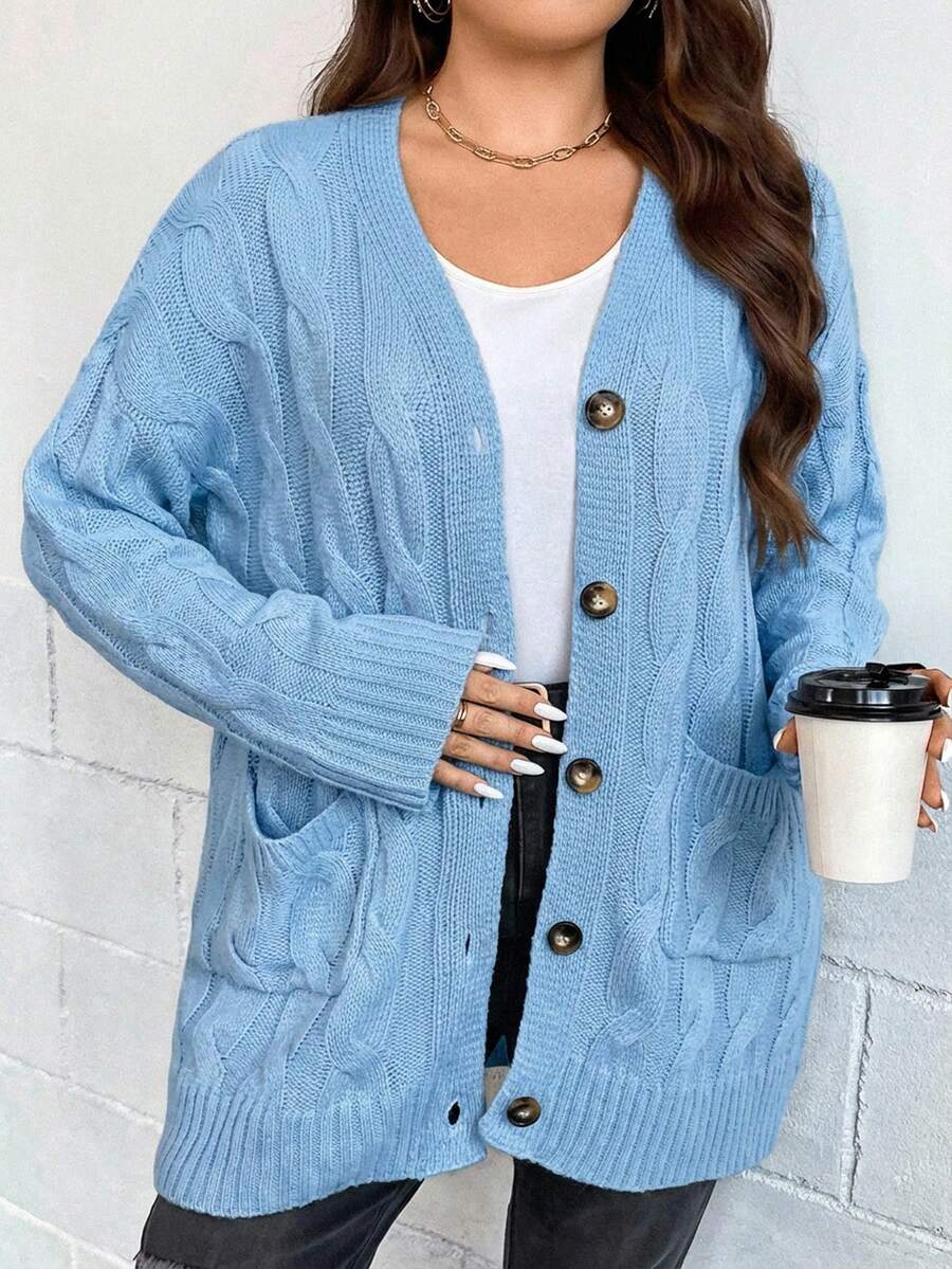 Plus Size Women Casual Cable Drop Shoulder Long Sleeve Knit Cardigan, Autumn/Winter - Baby Blue - View 1